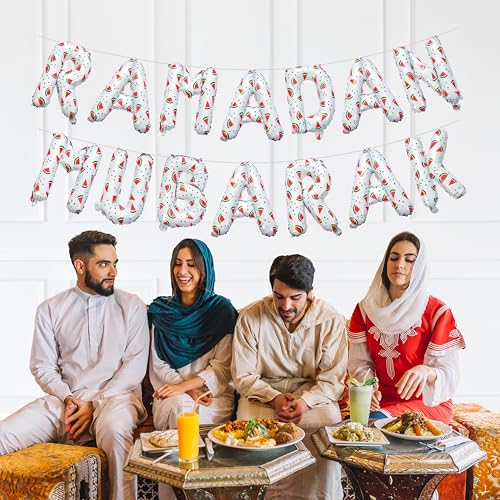 White Watermelon Ramadan Mubarak Foil Letter Balloons | Ramadan Palestine Themed Decoration by My Salah Mat Official Web Store - style: Ramadan Foil Balloons (White)