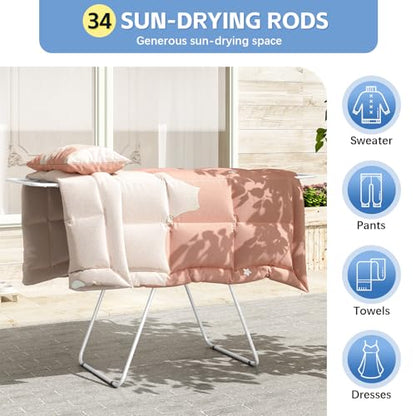 KINGBOARD Clothes Drying Rack Foldable, Metal Drying Rack Clothing with Height-Adjustable, Laundry Rack, Indoor Outdoor Use, No Assembly, 20.47"x 70"x 42.52", White - color: White