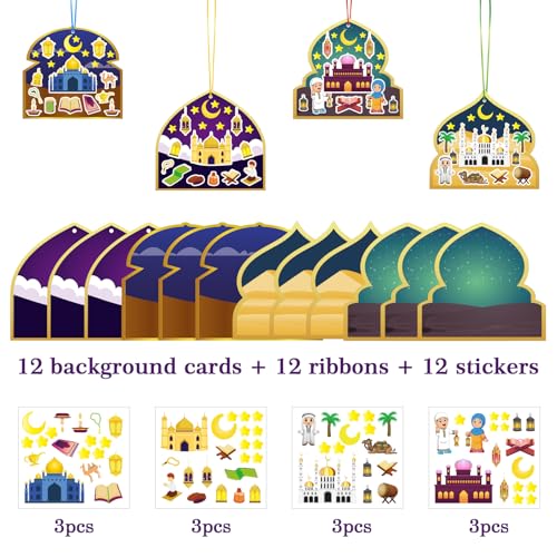 Eid Stickers Kit, 36 Pcs Eid al-Fitr Craft Supplies Set with 12 Stickers, 12 Cards & 12 Ribbons for Ramadan Greeting Cards, Gift Decorating