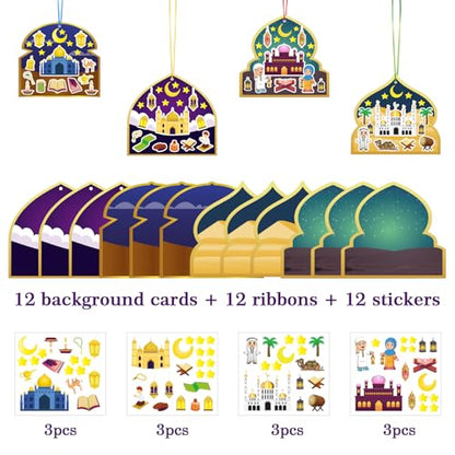 Eid Stickers Kit, 36 Pcs Eid al-Fitr Craft Supplies Set with 12 Stickers, 12 Cards & 12 Ribbons for Ramadan Greeting Cards, Gift Decorating
