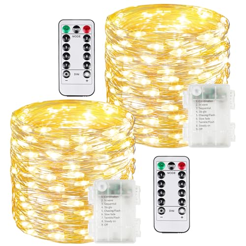 2 Pack 200 LED Fairy Lights Battery Operated with Remote, 8 Modes String Lights Indoor Outdoor, Cuttable Battery Light for Home Bedroom Wedding DIY Centerpiece Christmas Decorations (Warm White) - color: Warm White, size: 2PK（200LED with Remote）