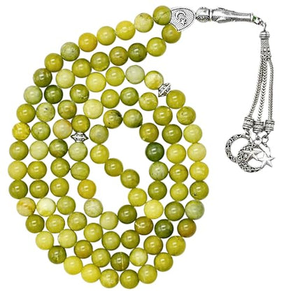 Amazing Gemstone Green Jade Tasbeeh with Moon and Star Charm - Certified Crystal Muslim Prayer Beads Natural Gemstone Tasbih Gift for Ramadan Dhikr and Daily Namaz (S) - color: Green Jade