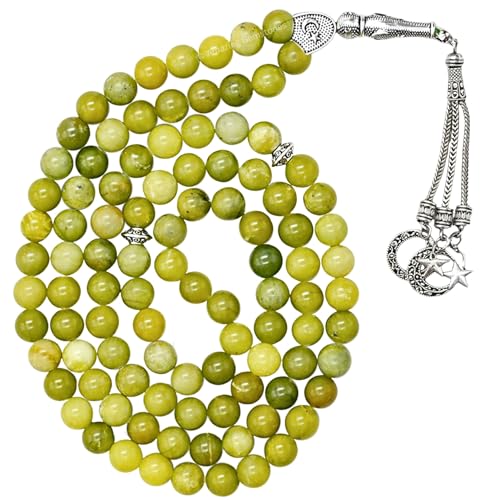 Amazing Gemstone Green Jade Tasbeeh with Moon and Star Charm - Certified Crystal Muslim Prayer Beads Natural Gemstone Tasbih Gift for Ramadan Dhikr and Daily Namaz (S) - color: Green Jade