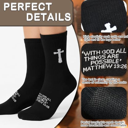 3 Pairs Christian socks Prayer socks Birthday Gifts for Dad,Men Husband Grandp Fathers Day Christmas - color: Matthew 19:26 - Black