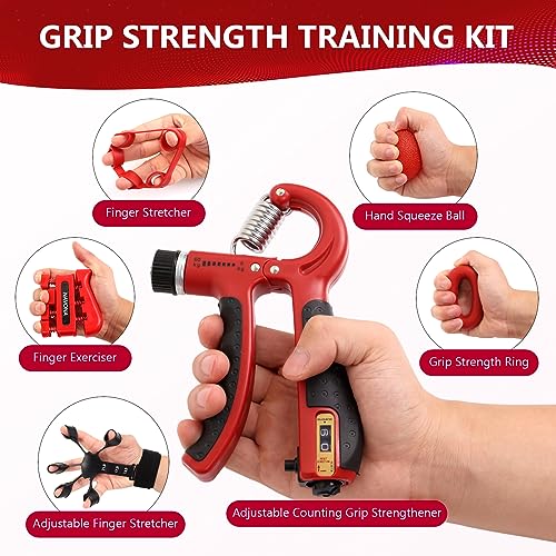 13 PCS Grip Strength Trainer Kit, Hand Gripper Strengthener, Forearm Strengthener, Finger Strengthener, Finger Exerciser, Stress Relief Ball - color: Red