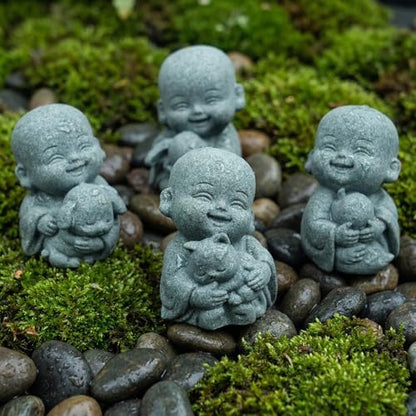 4pcs Mini Buddha Statue with Animal Companion, Aquarium Decor, Feng Shui Zen Monk Sandstone Sculpture, Cute Small Fish Tank Ornament for Home Garden, Buddha Decoration