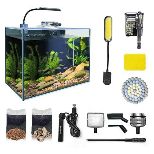 2.6 Gallon Fish Tank Aquarium Starter Kit, Including Glass Small Fish Bowl, Filter, Self-Cleaning Filter, Light, Rocks, Gravel, Plants, Cleaning Tool Set.Beginner's Gift for Betta, Guppy - size: 2.5 Gallon
