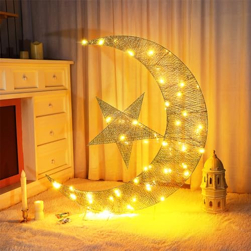 Glooglitter Pre-lit Eid Mubarak Decorations for Home Metal Eid Star Moon Crescent Light Ramadan Decorations Outdoor Lighted Night Lamp Sign with LED String for Yard Lawn Pathway - color: Moon
