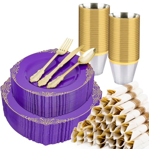 Realluck 350 Piece Purple and Gold Dinnerware Set for 50 Guests - color: Purple