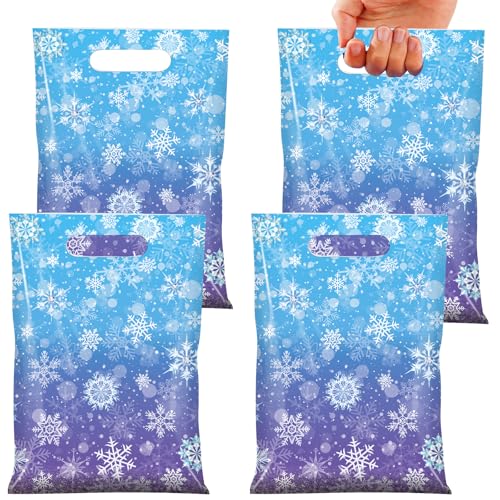 Pascliyna 50 Pcs Winter Snowflake Party Favor Bags, Blue and Purple Snowflake Goodie Bags Bulk with Handles, Holiday Plastic Gift Candy Bag for Birthday Christmas Winter Wonderland Party Supplies