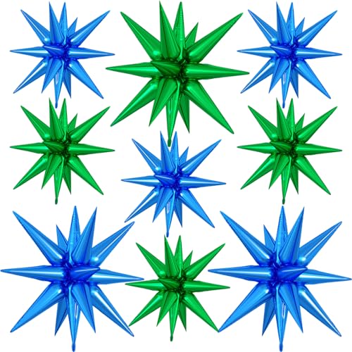 9Pcs Navy Blue and Green Star Balloons, Spike Foil Balloons Party Decor - color: Green + Dark Blue