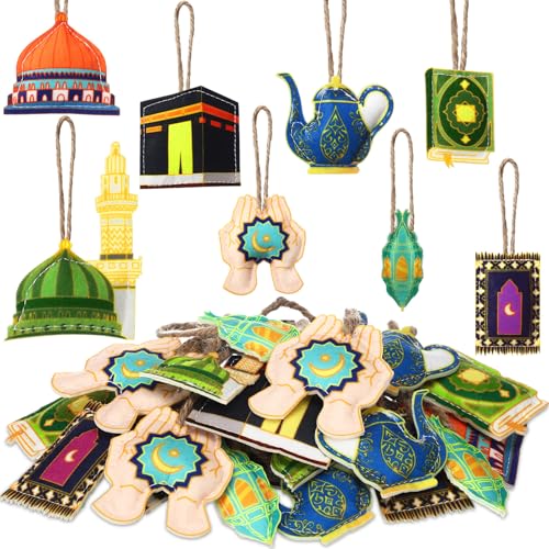 HunnmingRe 24 Pcs Ramadan Tree Ornaments Felt Eid Mubarak Decoration Eid Al Fitr Hanging Castle Lantern Star Moon Islamic Ornaments for Tree Ramadan Mubarak Decor for Home Party Supplies(Classic) - style: Classic