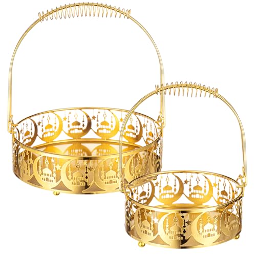 2 Pcs Ramadan Serving Tray Eid Mubarak Round Metal Moon and Star Tray with Handle Muslim Islamic Iron Platters Food Storage Container for Islamic Muslim Party Decoration