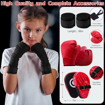7 Pcs Kids Punching Bag Set Include Boxing Gloves, Inflatable Punching Bag, Hand Wraps, Hand Pads, Air Pump, Kids Boxing Training Set for Karate Kickboxing Taekwondo - color: Red