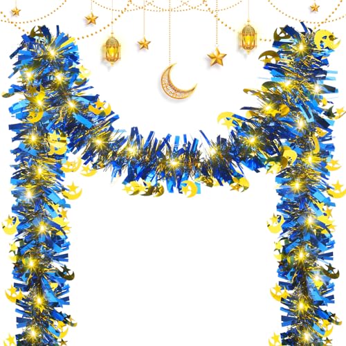 Kingdder 16.4 ft Ramadan Garland Decorations Metallic Garland with 50 LED Lights Hanging Star Crescent Moon with Light Foil Tinsel for Eid Al-adha Party Decor