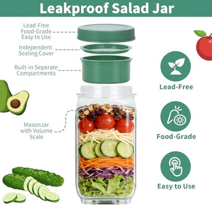 Leak-Proof 35oz Salad Jar, Leak-Proof Dressing Cup With Lid, Reusable BPA-Free Side-Opening Food Storage Container, For Office, Travel and Picnic,1 Ps (Green)