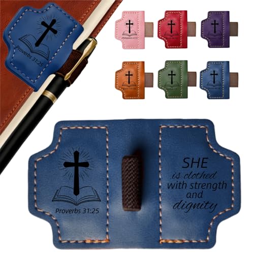 MOTEERLLU Bygone Mark Personalized Magnetic Leather Bookmark Pen Holder, Christian Gifts, Inspirational Bible Book Marks for Reading Women, Men, Teachers, Book Lover(Blue Proverbs 31:25) - color: Blue, size: Proverbs 31:25