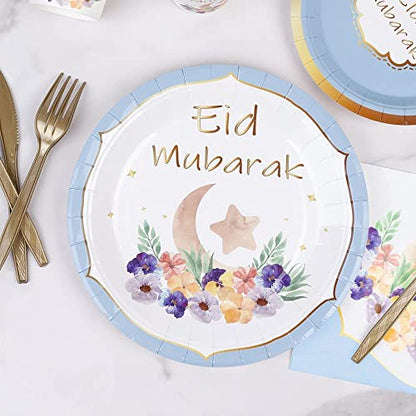 Eid Mubarak Tableware Set for Ramadan Mubarak Table Decorations Supplies Muslim Happiness Ramadan Dessert Plates Eid Al-fitr Party Napkins Forks for 16 Guests Ramadan Party Favors (Blue)