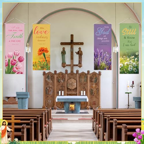 Panelee 4 Pcs Church Banners for Sanctuary Wall Blooming Flower Church Banners with Scripture Inspirational Religious Praise Bible Verses Hanging Backdrop Signs for Sunday School Worship Decoration - style: Bible Flower