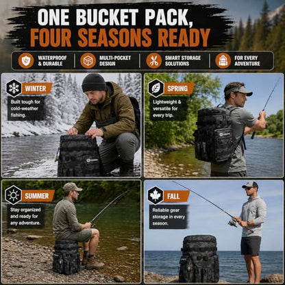 Fishing Bucket Organizer with 5 Gallon Bucket & Rotating Seat Lid | 360 Swivel Seat Lid, Bucket Backpack with Backpack Straps, Full Water-Resistant & Multi-Pockets (Fishing Tools Not Included) - style: Complete Set (Including Bucket & 360° Rotating Seat)