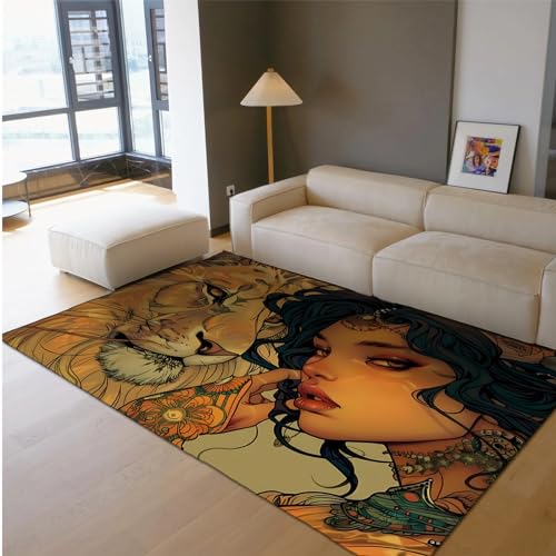 Black Woman Area Rug Lion and Girl Easy Care Carpet Cartoon Ideal for High Traffic Areas for Boys & Girls in Playroom Aesthetics Decor 2'7" x 5' - size: 2'7" x 5'
