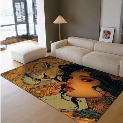 Black Woman Area Rug Lion and Girl Easy Care Carpet Cartoon Ideal for High Traffic Areas for Boys & Girls in Playroom Aesthetics Decor 3'3" x 5' - size: 3'3" x 5'