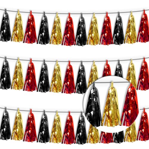 3P Red-Black Gold Tassel Banner Garland Metallic Foil Fringe Banner Tinsel Tassels Streamer Banner Backdrop for Parade Floats, 2025 Graduation Decorations, Baby Bridal Shower Party Decoration - color: Red Black Gold