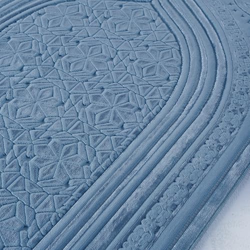 Modefa Luxury Velvet Prayer Rug with Prayer Beads | Soft Elegant Muslim Turkish Janamaz Sajada Carpet for Men and Women | Plain Solid Prayer Mat Ramadan Eid Gift - Najma (Najma Steel Blue) - color: Najma Steel Blue