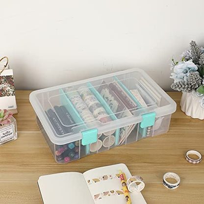 BTSKY Clear Plastic Dividing Storage Box with 4 Compartments Adjustable Storage Bin with Lid Plastic Craft Storage Container Multipurpose Sewing Box Art Supply Organizer, 13.3x8.1x3.4 Inches | 13.3x8.1x3.4 Inches Adjustable Storage Bin with Lid Plastic Cr