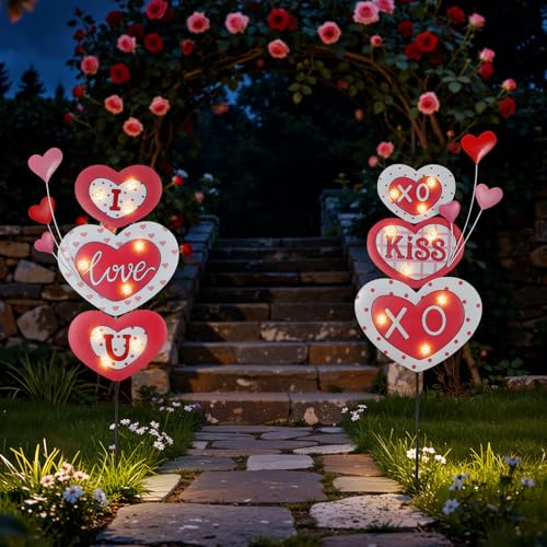 Lewondr 2 Pcs Valentine's Day Decorations Outdoor, Metal Solar Pathway Lights, Love Heart Decorative Garden Stakes Lights with 18 LED Beads, Waterproof Yard Signs for Porch Lawn Wedding Anniversary - style: Love Heart