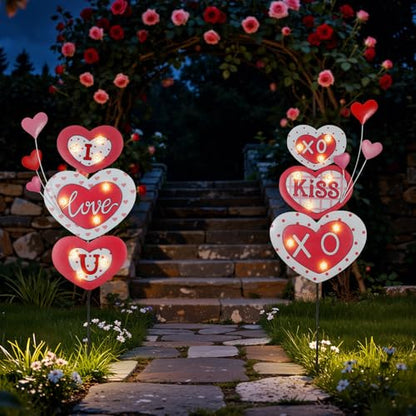 Lewondr 2 Pcs Valentine's Day Decorations Outdoor, Metal Solar Pathway Lights, Love Heart Decorative Garden Stakes Lights with 18 LED Beads, Waterproof Yard Signs for Porch Lawn Wedding Anniversary - style: Love Heart