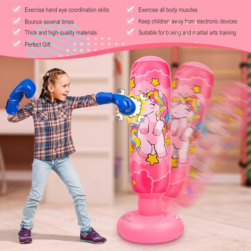 2 Pcs 47" Kids Punching Bag Girls Stable Inflatable Boxing Bag Unicorn Heavy Punch with Instant Bounce Back Movement Kids Workout Equipment Karate Gifts for Girls Karate Taekwond