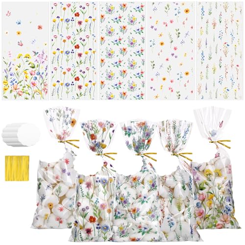 woric 100 Set Cellophane Treat Bags Clear Fall Floral Party Favor Bags - color: Colorful Wildflower
