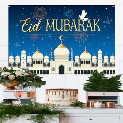 Eid Mubarak Backdrop Banner Decor - 6x4 ft Happy Eid Ramadan Mubarak Photography Background Poster - Islamic Festival Ramadan Holiday Party Photography Prop Booth Decorations