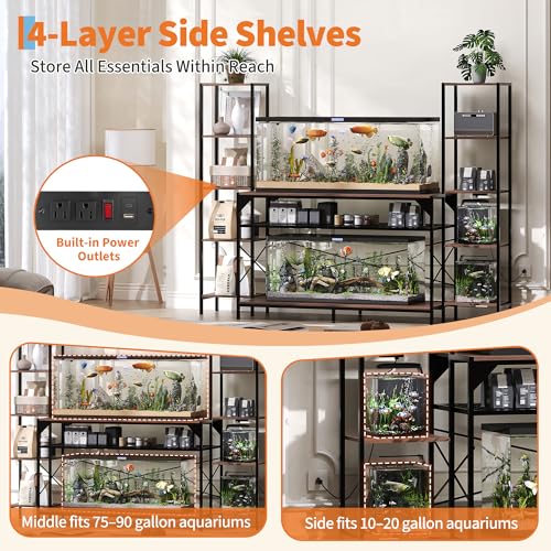 20-90 Gallon Fish Tank Stand, Aquarium Stand with Power Outlet, Heavy-Duty Reptile Terrarium Stand Featuring 12-Leg Support & 4-Tier Storage Shelves, Multipurpose Aquarium Table, Supports Up to 860lbs Load Capacity