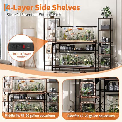 20-90 Gallon Fish Tank Stand, Aquarium Stand with Power Outlet, Heavy-Duty Reptile Terrarium Stand Featuring 12-Leg Support & 4-Tier Storage Shelves, Multipurpose Aquarium Table, Supports Up to 860lbs Load Capacity