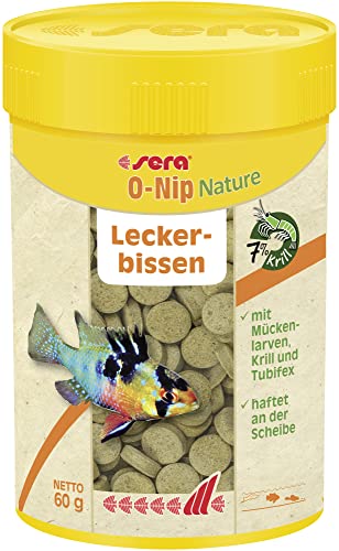 Sera O-Nip Nature 100 Tabs 2.1 oz | Complete Feed for All Ornamental Fish | Adhesive Tablets Stick to the Aquarium Glass | High Protein | No Dyes & Preservatives | with Bloodworms, Krill & Tubifex - size: 2 Ounce (Pack of 1)