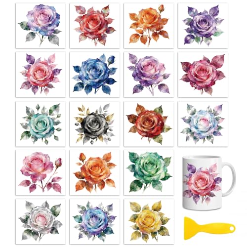 Peacoblue Shining Rose Flower Rub On Transfers for Craft, Transfer Sticker | 18 Sheets UV DTF Transfers, Waterproof Rub On Decals for Wood, Glass, Furniture, Tumblers & Home Decor Crafts - style: Shining Rose Flower