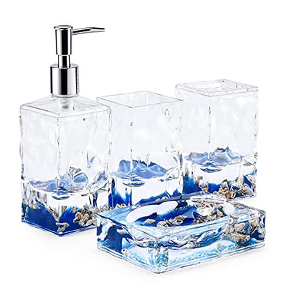 4 Piece Acrylic Liquid 3D Floating Motion Bathroom Vanity Accessory Set Oceam Theme Shell Toothbrush Holder, Tumbler, Soap Dispenser, Soap Dish - size: 4-piece, style: Shell