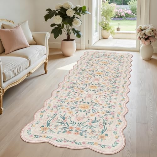 Scalloped Floral Runner Rug 2x6, Pink Washable Non-Slip Boho Hallway Rug, Soft Cute Carpet Runner for Kitchen, Bathroom, Laundry, Entryway or Bedroom - color: Pink Scalloped, size: 2 x 6 ft