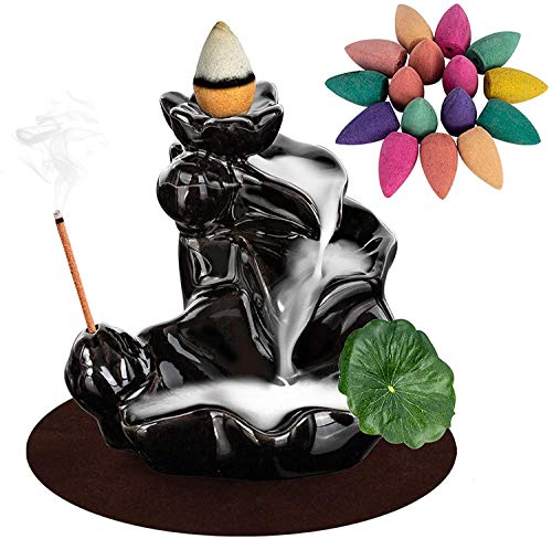 DK177 Waterfall Incense Holder Backflow Cone Ceramic Burner Handcrafted Porcelain Censer Incense Stick Stand with 20 Free Cones - color: B