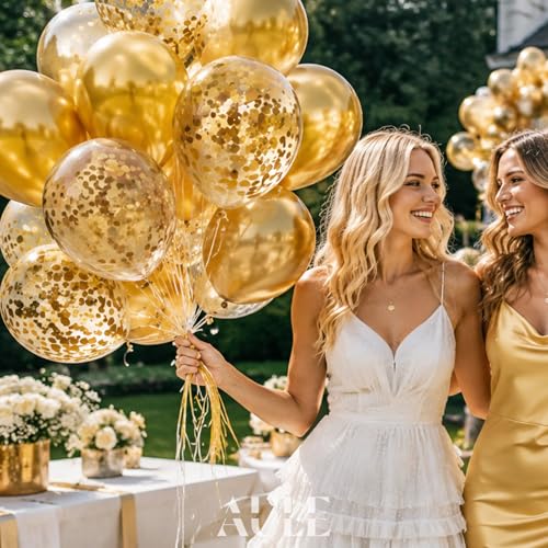 AULE Party Balloons Pack of 42 - Metallic Gold Balloons & Gold Confetti Balloons and 64ft Ribbons - 12 Inch Balloons Decorations Set - color: Gold