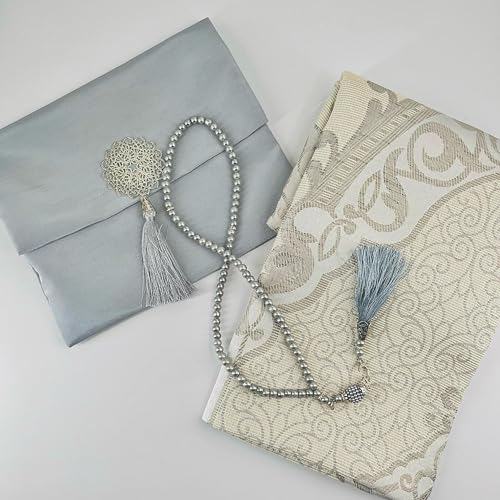 BABY SHOWER CHOCOLATE Muslim Prayer Rug and Tasbeeh Set with Portable Premium Shantung Bag – Soft Janamaz Sajadah for Men & Women – Islamic Gift for Ramadan, Eid, Hajj, Umrah – Travel Prayer Mat - color: Grey