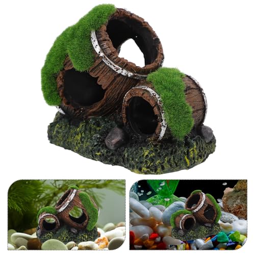 Aquarium Barrel Hideout Resin Fish Tank Decor Ornament Double Broken Barrel Landscaping Cave for Betta and Reptile Tanks Small Size