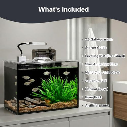 2.5 Gallon Nano Aquarium Kit, Glass Small Fish Tank Starter Kit with Light, Filter, Gravel Rock,Lid. Ultra Clear Rimless Desktop Fish Tank for Small Fish,Betta,Shrimp.Complete Version, Black