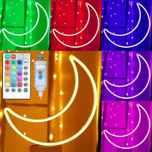 LED RGB Moon Neon Light, Cute 16 Color Change Neon Moon Sign, Room Decor USB Powered 5V Art LED Decorative Lights Night Lights Indoor for Home, Bedroom, Office,Dorm,Party - color: RGB