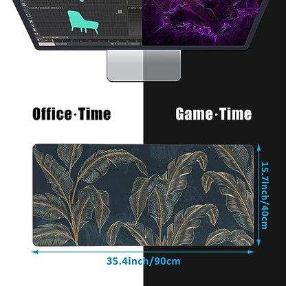 Mouse Pad,Abstract Golden Art Line Style Desk Mat for Desktop,Desk Pad with Non-Slip Base and Stitched Edge,Extended Mousepad for Office and Home 35.4X15.7 Inch - color: Abstract Golden Art Line Style
