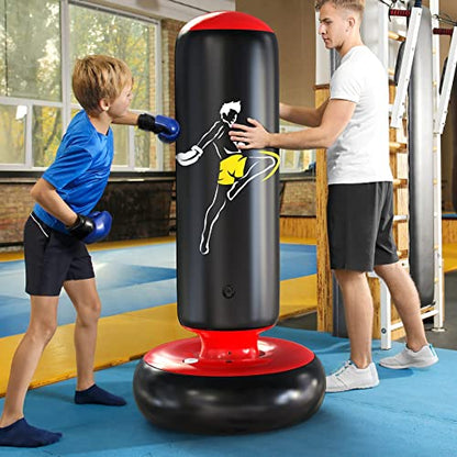QPAU Larger Stable Punching Bag Toy for Kids with Boxing Gloves, Tall 66 Inch Kids Inflatable Boxing Bag Toy, Gifts for Boys & Girls Age 6-12, for Karate, Taekwondo, MMA and to Relieve Pent Up Energy