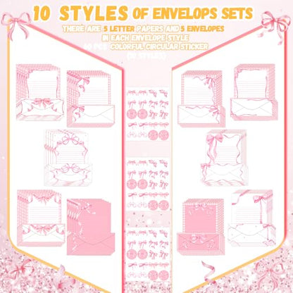 TaoBary 160 Pcs Stationery Paper Set 50 Double Sided Stationery Papers with 50 Matching Envelopes and 60 Round Dot Sticker, 10 Design(Pink Bow,8.5 x 11 Inch) - size: 8.5 x 11 Inch, style: Pink Bow