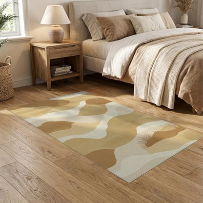5'x7' Washable Abstract Wave Area Rug, Cream Non-Shedding Pet Friendly Carpet for Small Living Room, Playroom, Bedroom, Easy Care Kids Safe Mat | Ref:1910346 - color: Beige/Pattern 1, size: 5' x 7' (Rectangular)